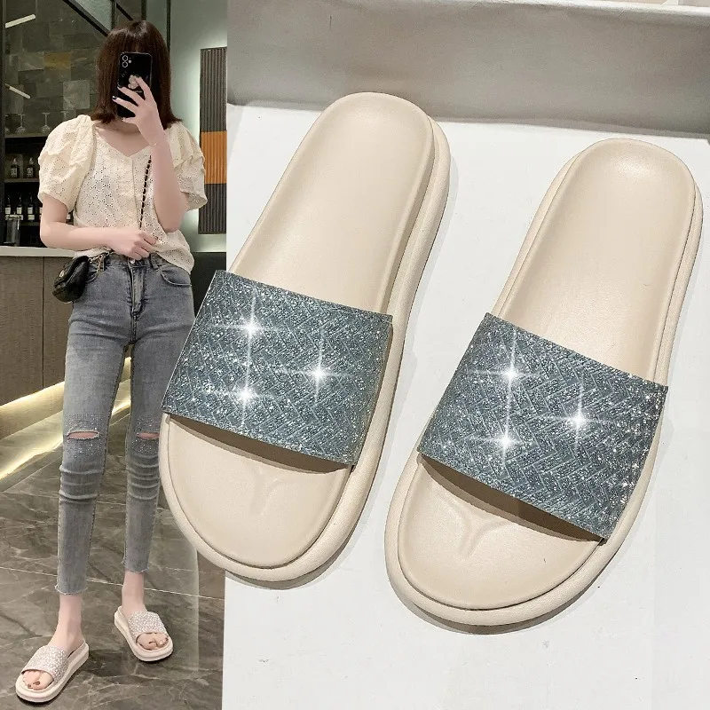 

Beach Shoes Slippers Casual Slipers Women Low Slides Platform Sabot Luxury Soft 2021 Summer Rome Fabric Bling Leisure PVC PU Bas