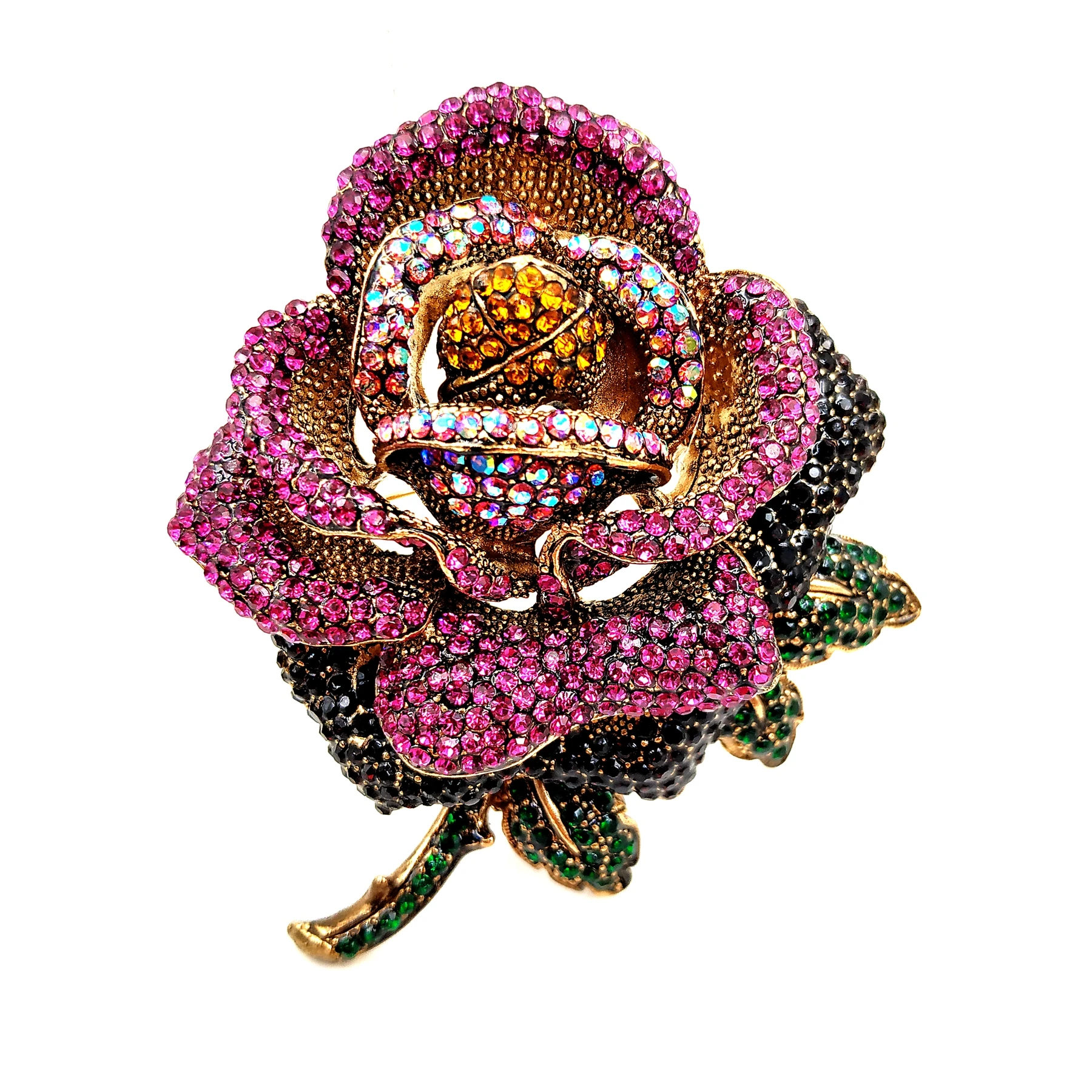 

Luxurious Vintage AB Accent Multi Petal Blossom Pink Crystal Rose Flower Broach Pin Big Statement Floral Valentine Gift Jewelry