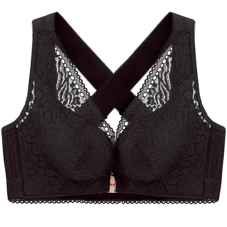 black plus size bra Большой размер, кружевной бюстгальтер, застежка спереди, без косточек, бюстгальтер пуш-ап, большие размеры, бюстгальтер с перекрестной спинкой, бюстгальтеры для женщин, сексуальное женское белье - Цвет: black plus size bra