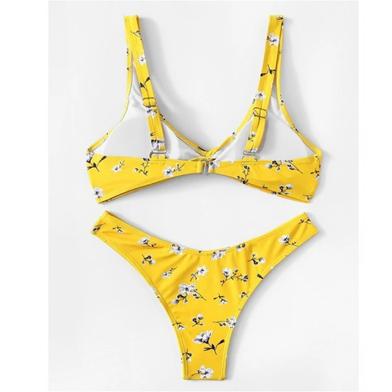 Желтый Цветочный укороченный топ с пуш-апом комплект бикини 2019 купальники для