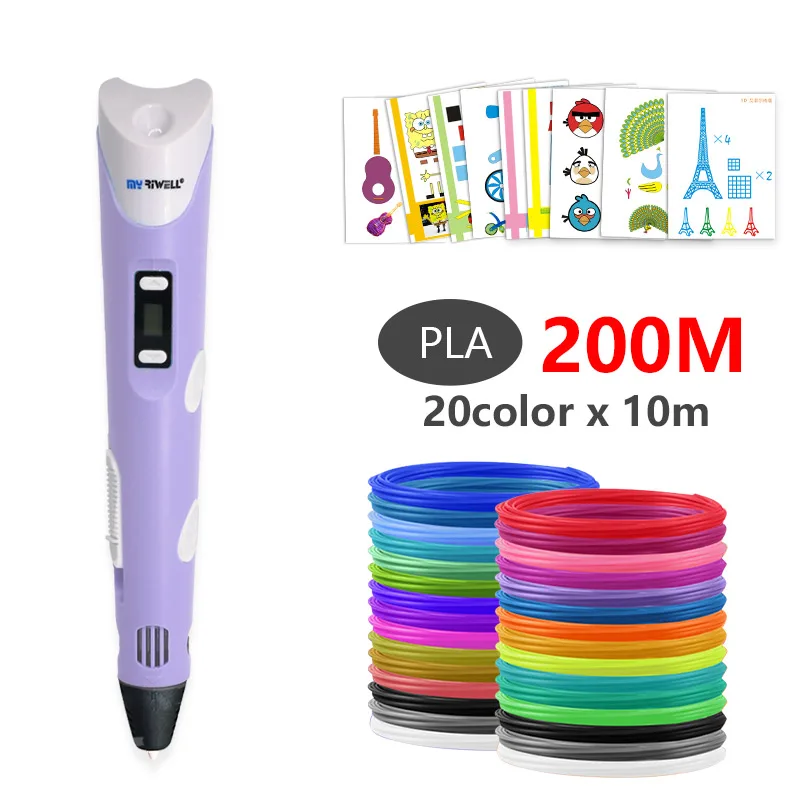 Purple with PLA 200m Myriwell abs 3d pen 3d pens 3d ручка 3д ручка 3d для объёмного рисования LCD дисплей,1.75мм pla пластик нить 3d печать ручка 3д ручку 3d ручка Сделай сам подарок детских подарков - Цвет: Purple with PLA 200m