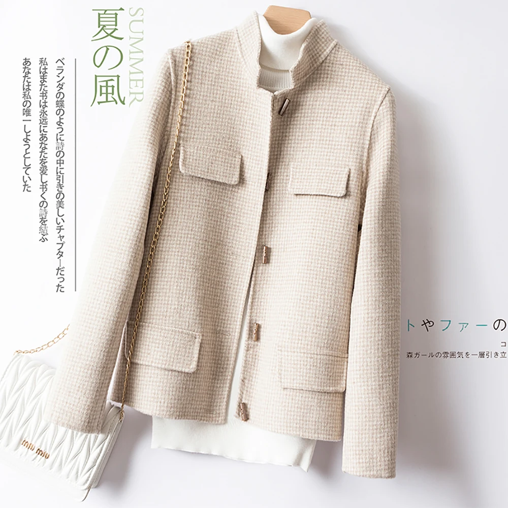 

YUANYUANJYCO Winter Women Short Office Lady Wool 100% Coat LNZDY46 Plaid Button Pocket Straight Turtleneck Black Cropped Clothes