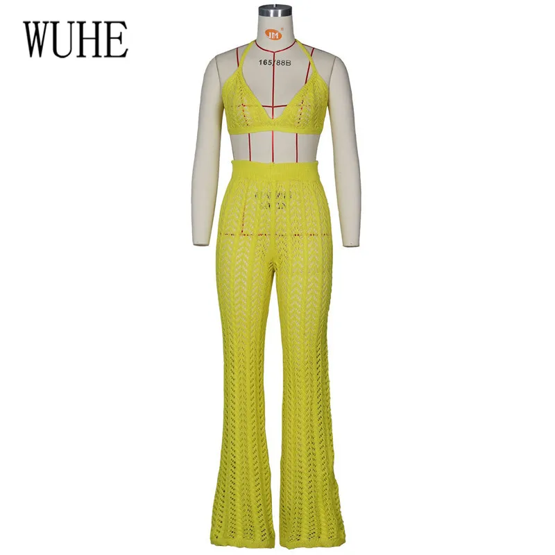 Mastard Yellow WUHE комплекты из двух предметов прозрачные комбинезоны пикантные открытые трикотажные сетчатые Комбинезоны женские Летние Элегантные Боди без рукавов - Цвет: Mastard Yellow