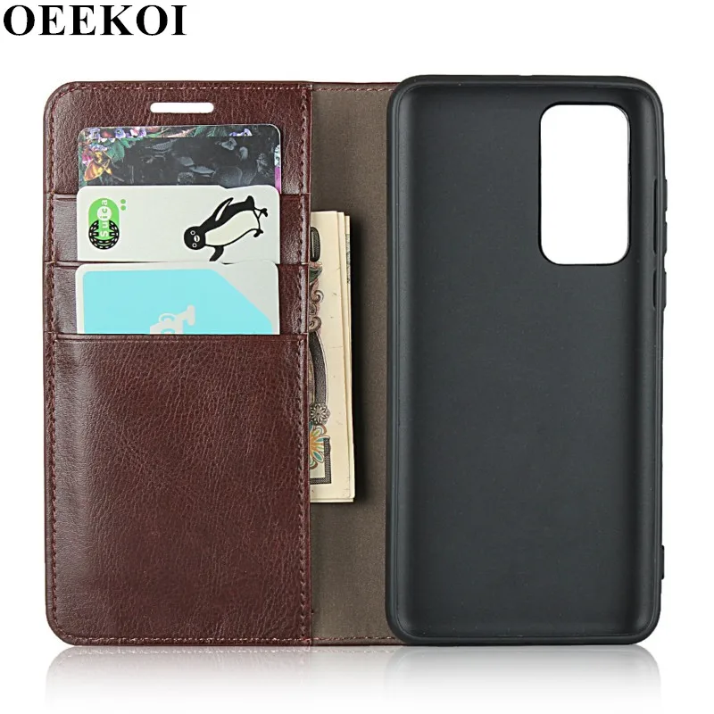 

OEEKOI Crazy Horse Genuine Leather Wallet Flip Case for Huawei P40
