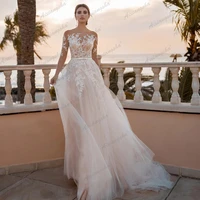 romantic wedding dresses 2022 appliques a line white long sleeve tulle bridal gown vestido de noiva illusion robe de mariee