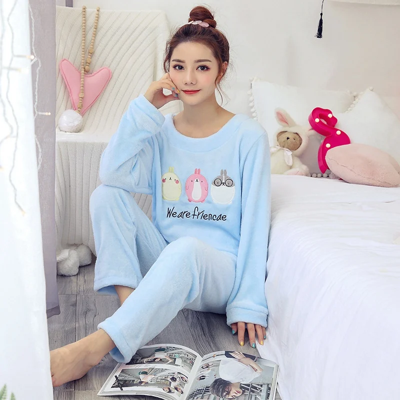blueSF2131 Пижамный комплект из 2 предметов, пижама, домашний костюм для женщин, теплая пижама с длинным рукавом и изображением кота, зимний бархатный пижамный комплект с принтом животных - Цвет: blueSF2131