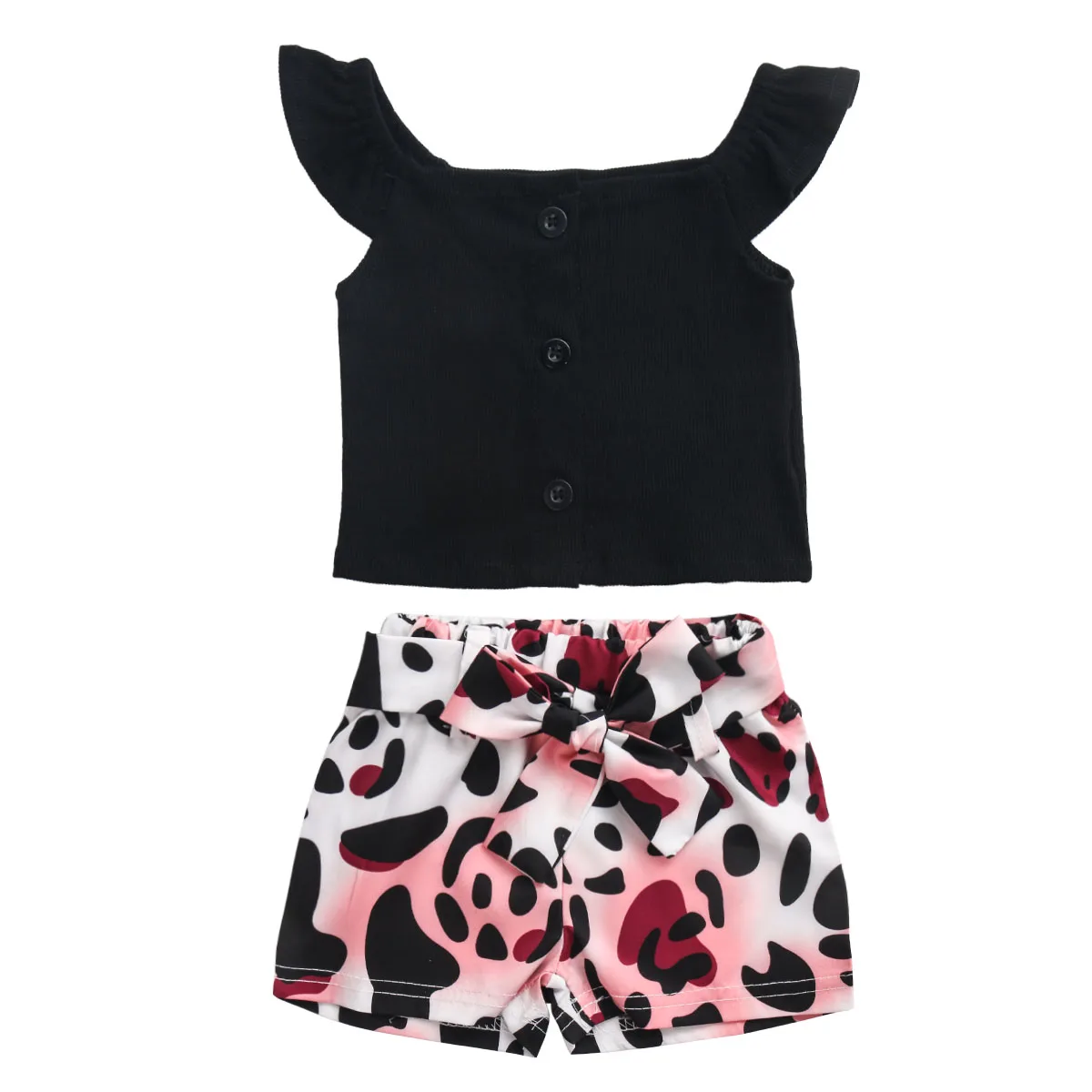 

2020 New Summer Toddler Kids Baby Girls Clothes Sets Ruffle Ribbed Tops T-shirt Leopard Shorts 2Pcs Outfits 0-3Y