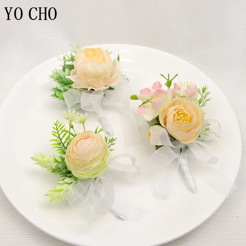 

YO CHO Boutonniere Pin Corsage Flower Boutonniere for Groomsmen Wedding Bracelet Bridesmaid Wedding Women Brooch Planner Corsage