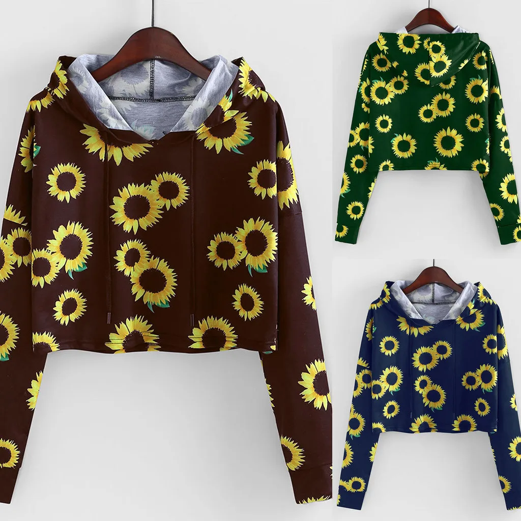 Осенний женский короткий свитшот с капюшоном принтом подсолнуха повседневный