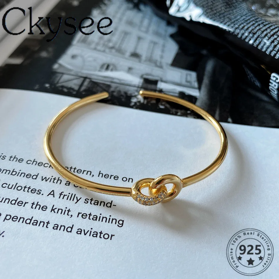 

Ckysee Genuine 925 Sterling Silver Bangle Fashion Vintage Open Golden Double Buckle Bangle Jewelry For Woman Birthday Gift Jewel