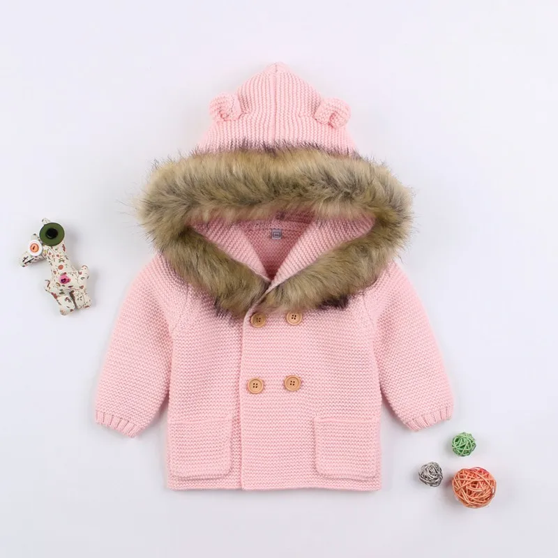 0-24M Winter Baby Boys Girls Knitted Cardigan Jackets Outfits Warm Autumn Infant Kids Fur Hooded Sweaters Long Sleeve Coat | Детская