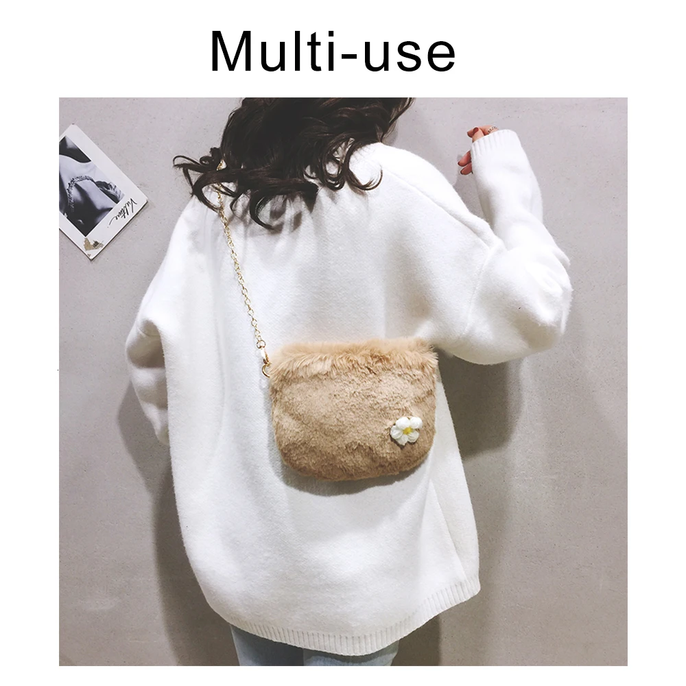 Fashion Faux Fur Women Crossbody Bag Winter Plush Fower Decoration Messenger Office Casual Female Shoulder Handbag | Багаж и сумки