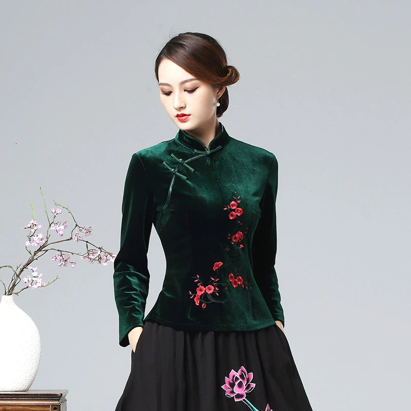 Sheng Coco бархатная блузка с длинным рукавом зеленый костюм в китайском стиле мягкая