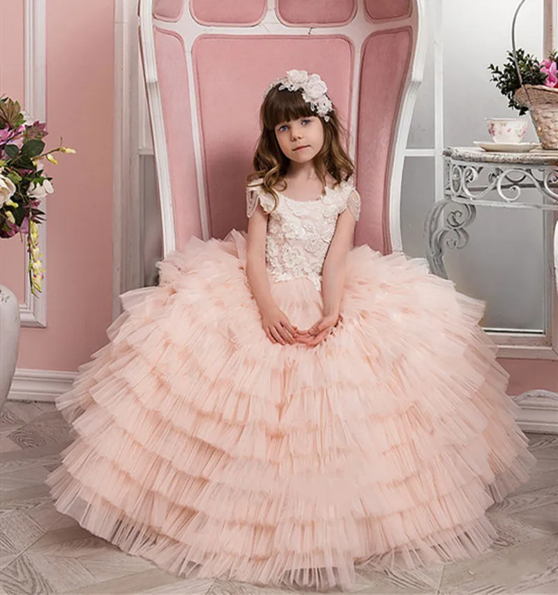 

Бальное платье, Цветочное платье для девочек, кружевные платья с аппликациями для девочек, пышная ярусная одежда для первого причастия