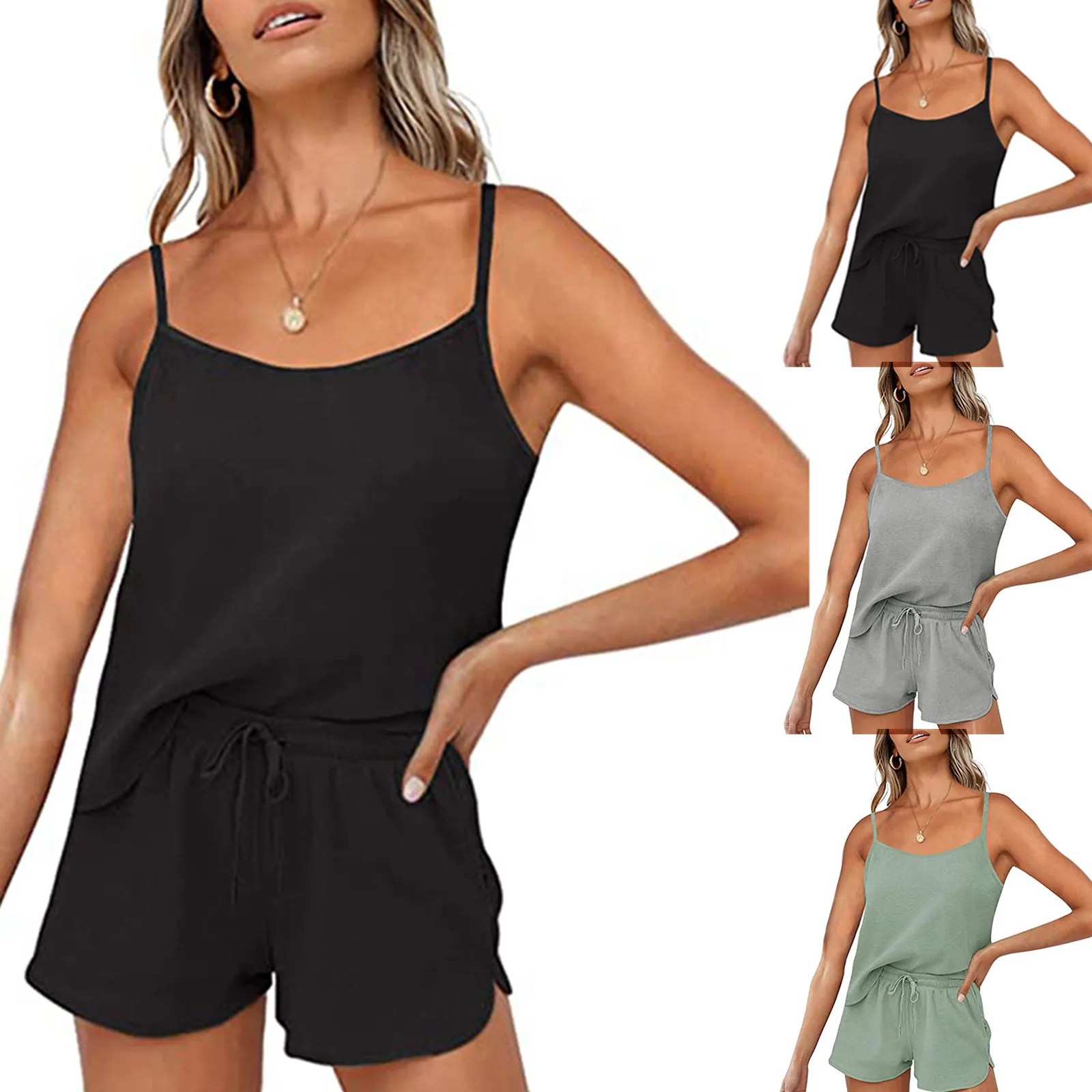 

2 Piece Sleepwear Pants Set V Neck Cami Sleeveless Solid Color Summer Underwear for Women 2021 Newest Homewear Pizama Damska