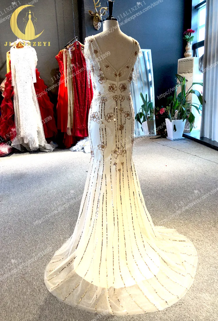 Rhine real Pictures V neck with Gold beads Mermaid Prom dresses arabic evening dresses long