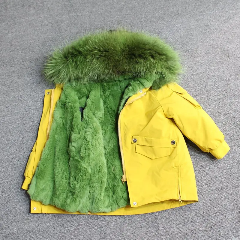 yellow green fur Для маленьких мальчиков детская зимняя куртка, детская куртка-пуховик для девочек зимняя куртка для детей в Зимняя куртка для девочек и мальчиков детские линией натурального меха кролика, парка, пальто - Цвет: yellow green fur