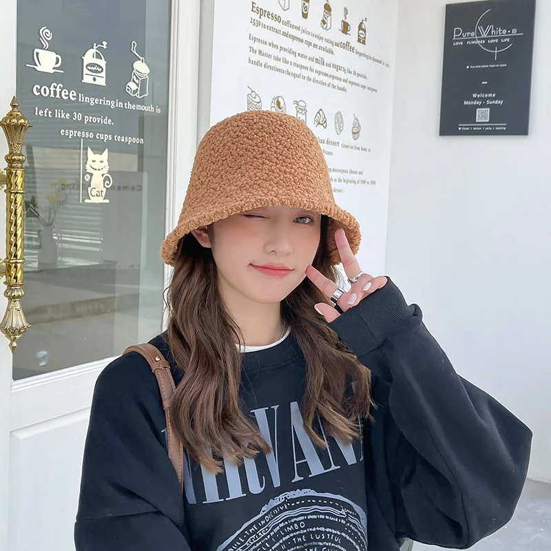 

2021 Solid Soft Warm Imitation lamb Wool Bucket Hat Women winter Fashion Versatile Knitted Basin Cap Harajuku Fishing Hats