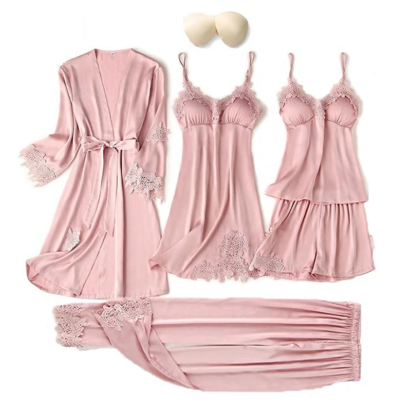 

Pajama Women Lace Trim Satin Sleepwear Pyjamas for Women Summer Nightwear With Pants Casual Home Wear Kimono Robe Gown Sets