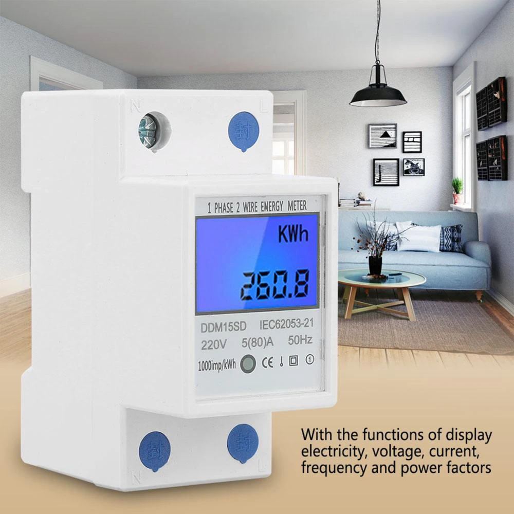 

5-80A Single-phase DDM15SD Digital Electric Energy Meter LCD 2P With Backlight. Multi-function DIN Rail