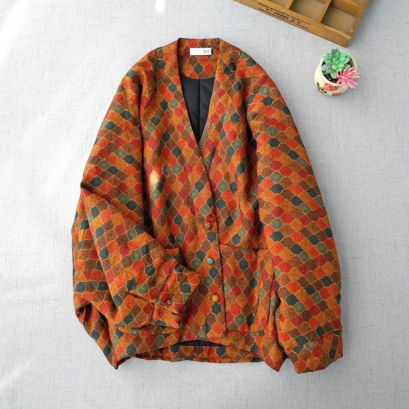

Autumn Winter Women Brief All-match Loose Chinese Style Colorful Comfortable Warm Linen Cotton Padded Oversized Jackets