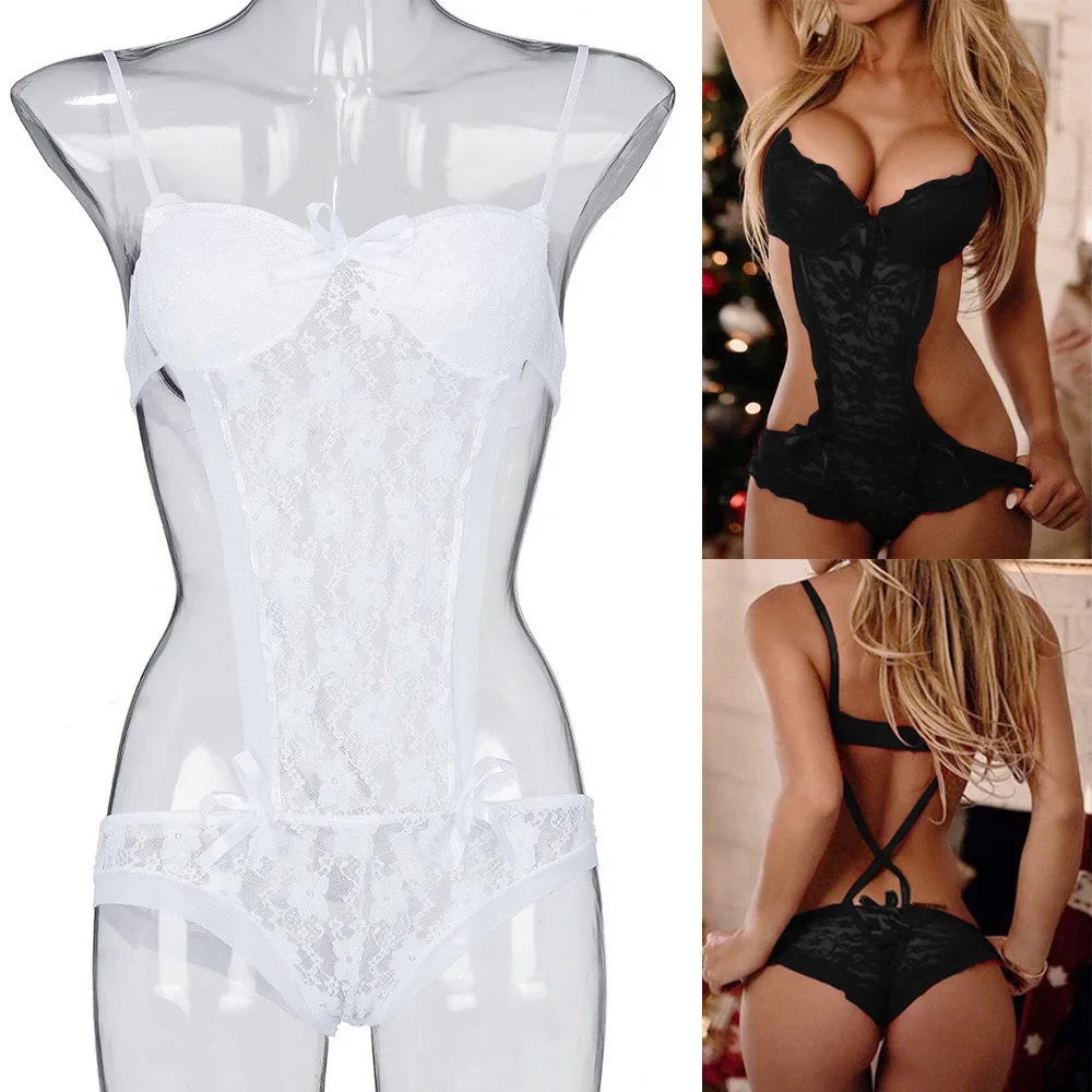 

Women Sexy Lingerie Lace Teddy features Plunging Eyelash and Snaps Crotch Tights Lace jumpsuit sexy Bodysuit