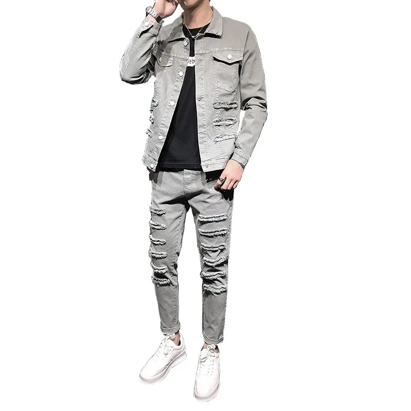 

Fashion Mens Plus Size Casual Cargo 2Pcs Denim Sets Punk Hole Ripped Long Sleeve Single Breasted Jackets Ankle Length Slim Pants
