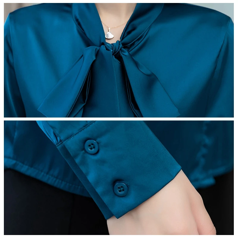 Элегантная атласная шелковая рубашка с бантом женская блузка на весну и осень