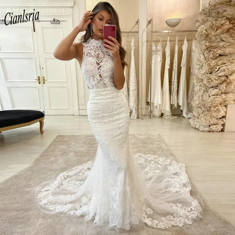 

Женское свадебное платье с открытой спиной, длинное платье с юбкой годе и лямкой на шее