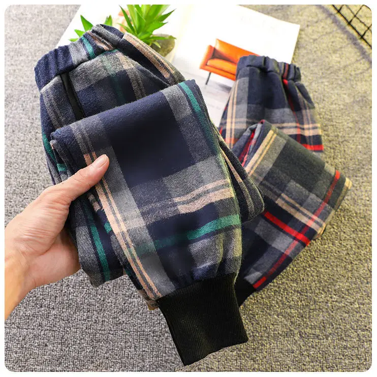 

Girls Autumn Winter Pants Kids Plaid Sport Pants Elastic Waist Children Plus Velvet Trousers Casual Style Teen Girls Sweatpants