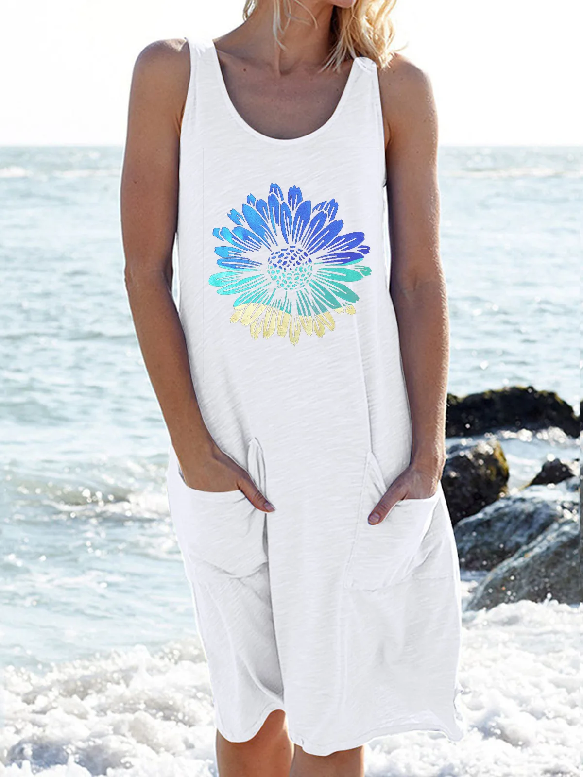 

Letter Flower Printed Pocket Woman Dress O Neck Sleeveless Vest with Big Swing Punk Rave Dress 2021 Summer Sacos Mujer De Vesti