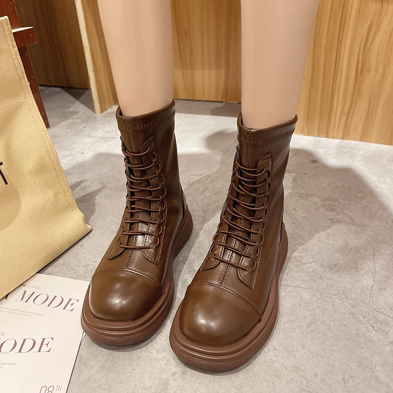 

Boots Women New 2021 Female Shoes Round Toe Luxury Designer Ladies Low Mid-Calf Rubber Lolita Rock Autumn Fashion Mid Calf Fabr