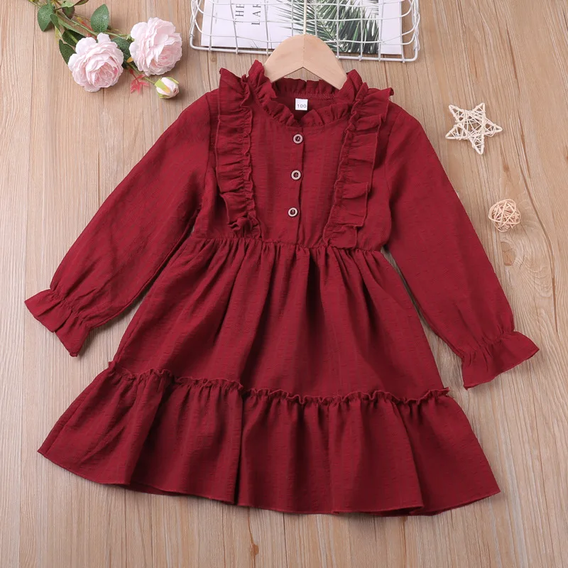 New Year Girls Clothes Feifei Flared Sleeves Solid Color Long-sleeved Stitching Skirt Western Style Children Girl Casual Dress
