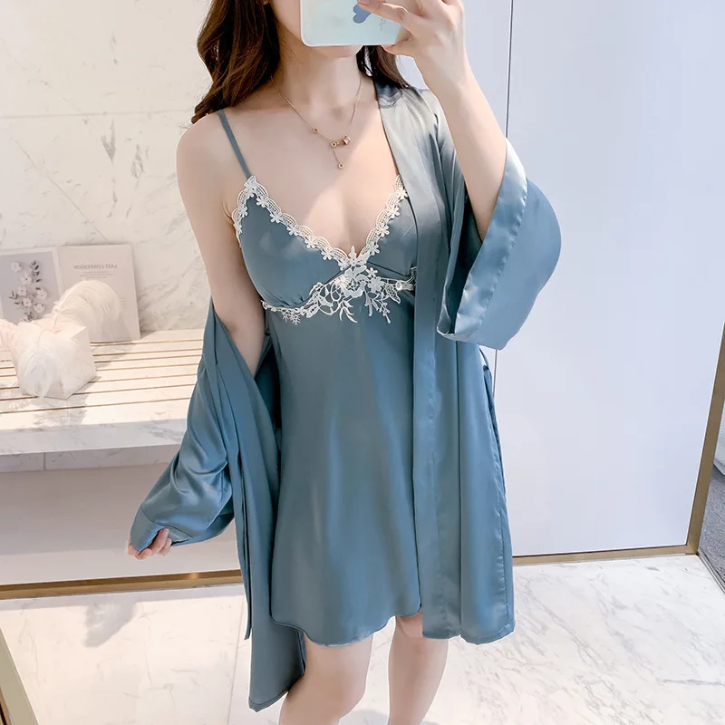 

Summer New Sleepwear Women Kimono Gown Satin Silk 2PCS Robe Set Bridal Wedding Gift Lace Intimate Lingerie Soft Nightwear