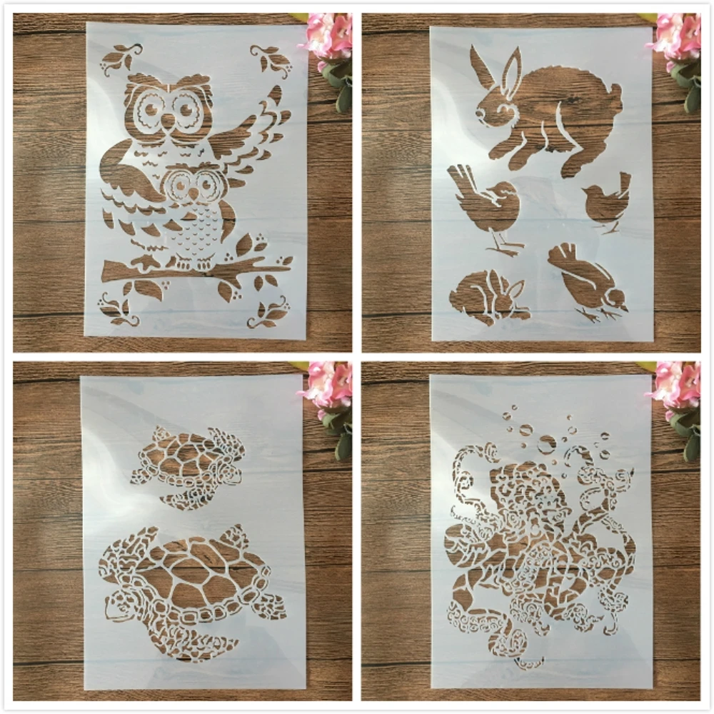 

4Pcs A4 29cm Owl Turtle Rabbit DIY Layering Stencils Wall Painting Scrapbook Embossing Hollow Embellishment Printing Lace Ruler