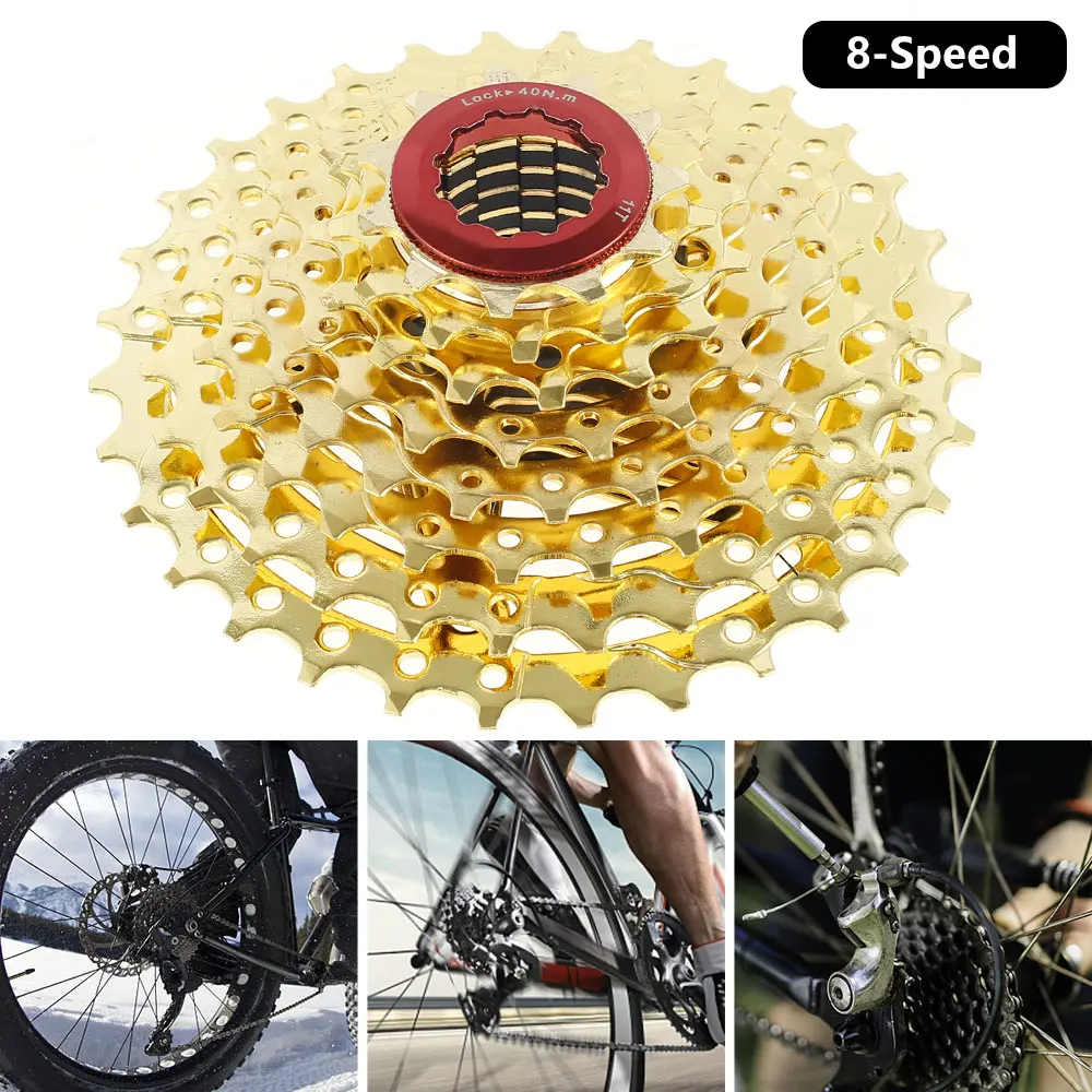 

8 Speed Cassette 1-13-15-18-21-24-28-32T Lightweight Gold Road Bike Cassette for MTB Road Bicycle Steel Replacement Accessory
