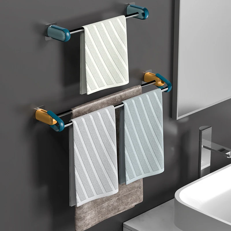 Double Towel Holder Bar Bathroom Tower Rack Stand Wall Hanging Mounted Stainless Steel Self No Drilling Adjustable Adhesive |