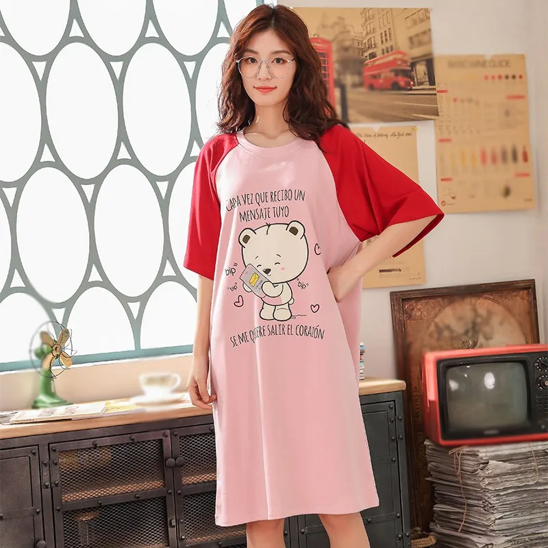 

New Arrival Fashion Summer Women Sleepshirt Cartoon Nightgown Soft Cotton Nightdress Short Sleeve V-neck Sleepdress
