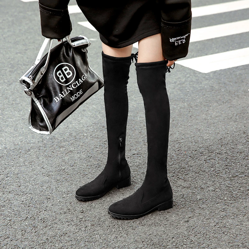 black Short plush Г. Женские узкие Сапоги выше колена на низком каблуке замшевые черные модные пикантные зимние сапоги до бедра с круглым носком женская обувь 32-43 - Цвет: black Short plush