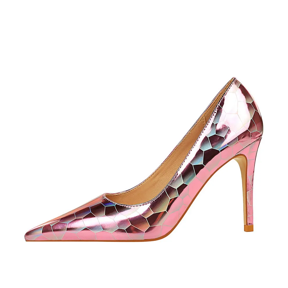 Snake Print Patent Leather Woman Pumps Sexy Pointed Toe Stone Pattern High Heels Fashion Gold Silver Stripper Nightclub Shoes