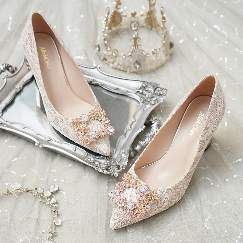 Champagne-colored Crystal High-heeled Wedding Shoes for Women, Rough Heel New Winter Bridal Shoes for Wedding Dress image 5