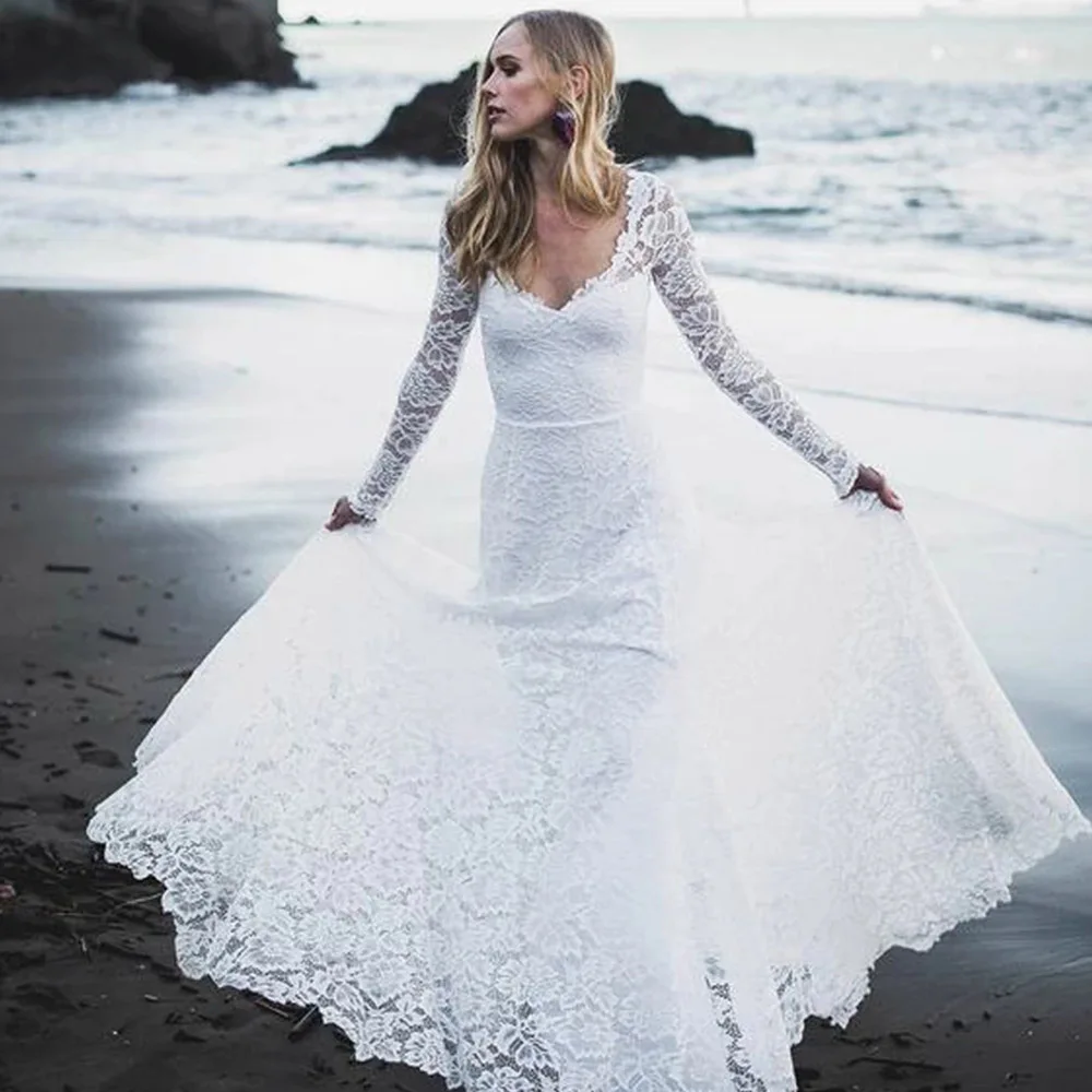 

A Line Wedding Dresses Lace 2021 V Neck Beach Bohemian Long Sleeve Bridal Gowns Open Back Vestido De Novia Custom
