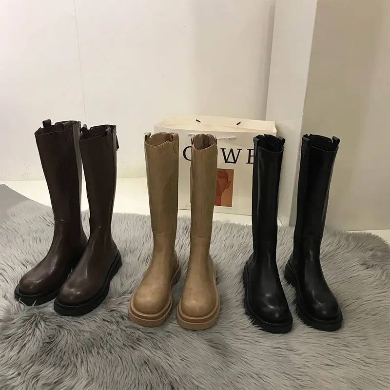 Женские Кожаные ботфорты на платформе Черные Сапоги выше колена плоской подошве