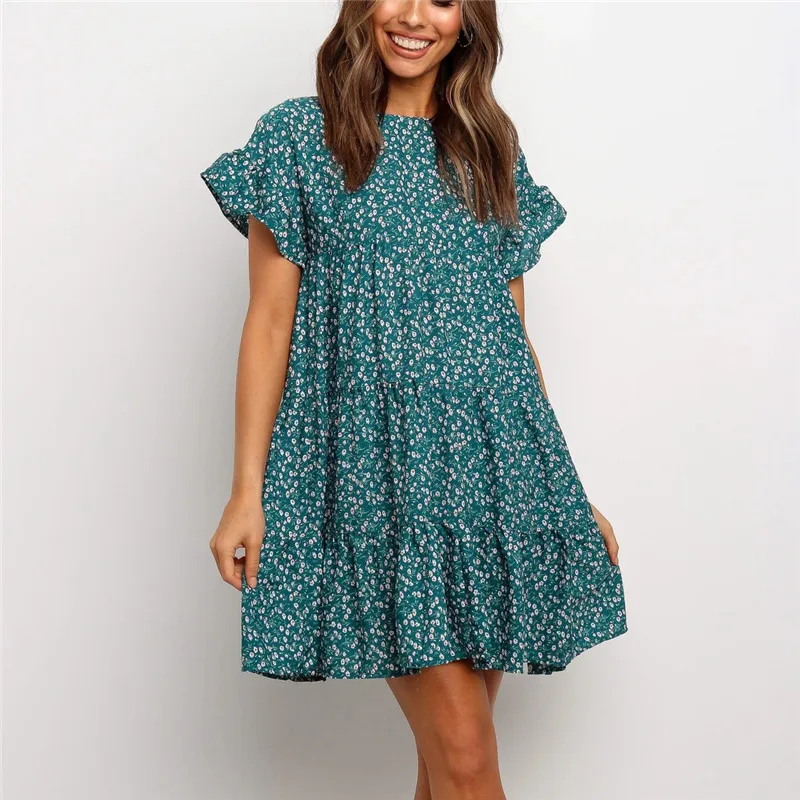 

Summer Vintage Loose Women Dress 2020 Print O-neck Butterfly Sleeves Ruffles Mini Dresses