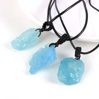 irregular natural real blue aquamarines pendant necklace for men women adjustable rope chain necklace boho natural stone jewelry