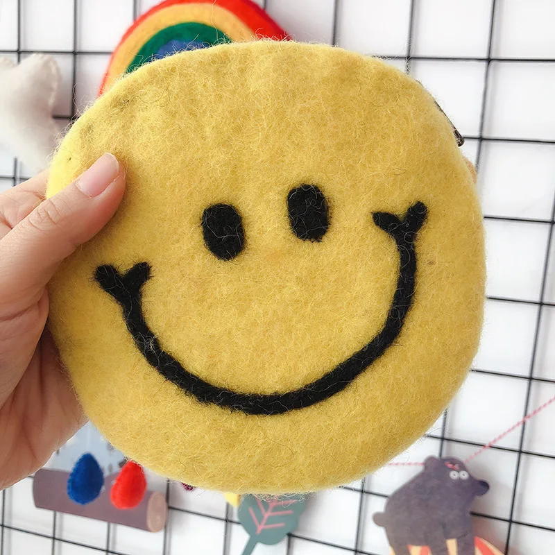 Bolso de lana hecho a mano con cara sonriente, monedero para estudiantes, tarjetero, almacenamiento de monedas, novedad-0