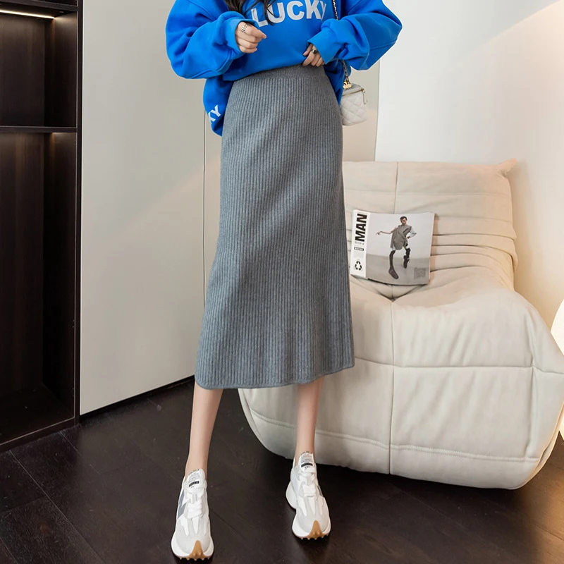 

Fashion Bright Silk Knitted Half Skirt for Women 2021 Autumn Winter Elegant Ladies Elastic High Waist Slim Split Long Skirts