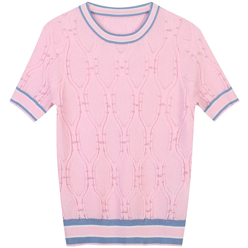 

Korean Pearl Beaded Knitted Pullover O-Neck Short-Sleeved Solid Color Sweater Top with Snake Pattern 2021 Summer New