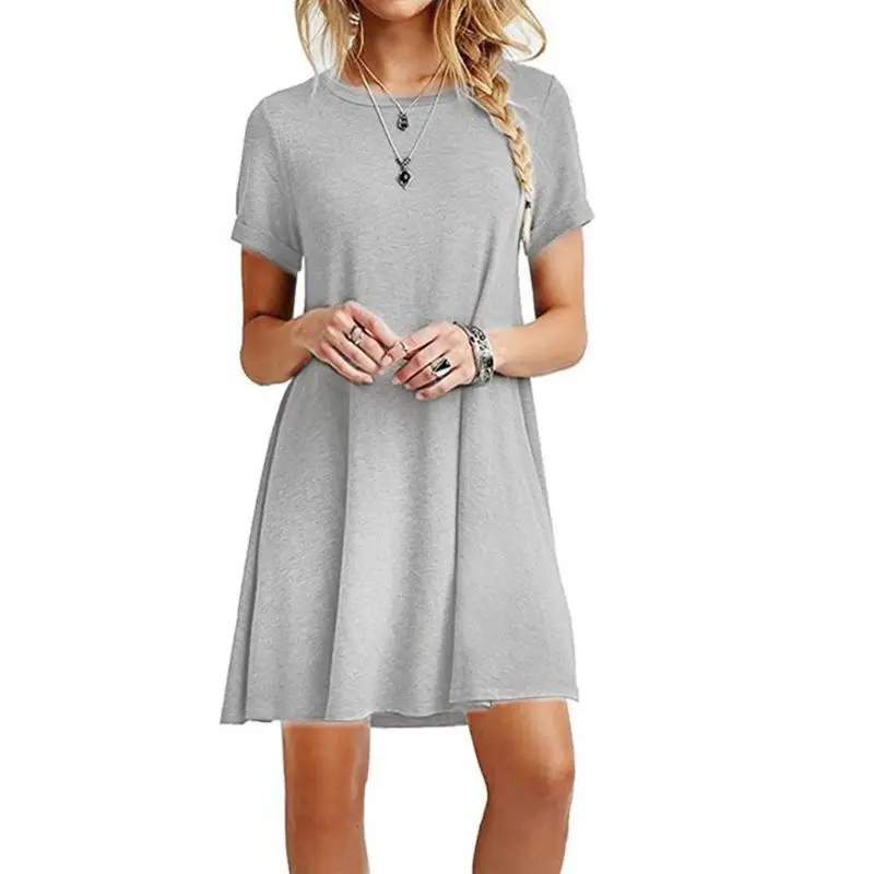 

L5YC Womens Summer Plus Size Short Sleeves Midi Swing T-Shirt Dress Plain Solid Color Crew Neck Casual Loose Pullover Tunic Tops