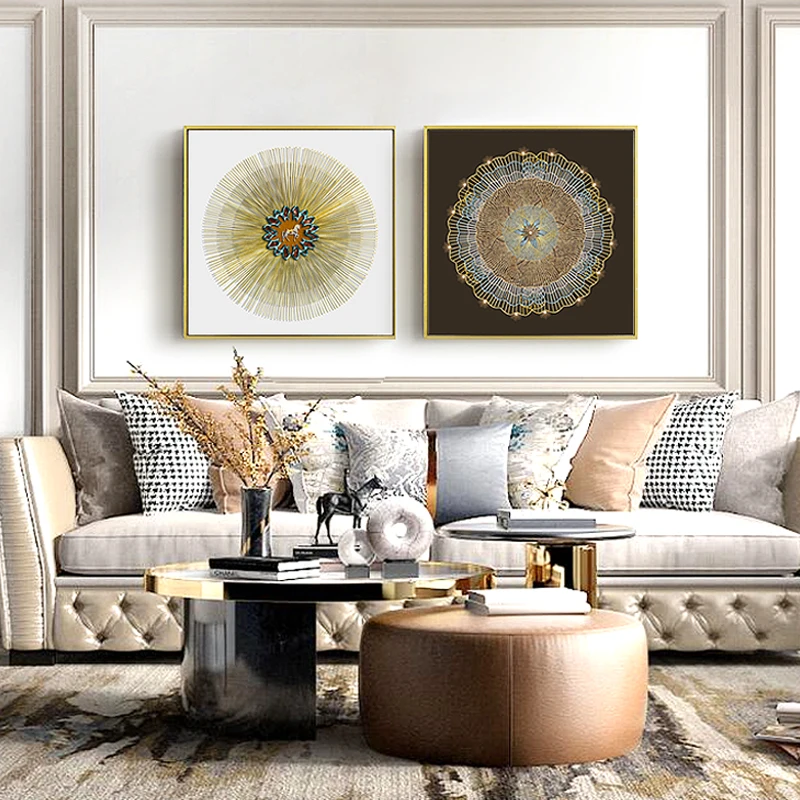 

zqModern Light Luxury Living Room Decorative Painting Double American Style Hanging Paintings Line Pattern Sofa Background Mural